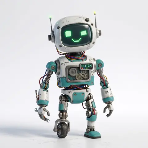 Glitch, a friendly hand-built robot with a white head, a green pixel smile, one wheel and one foot